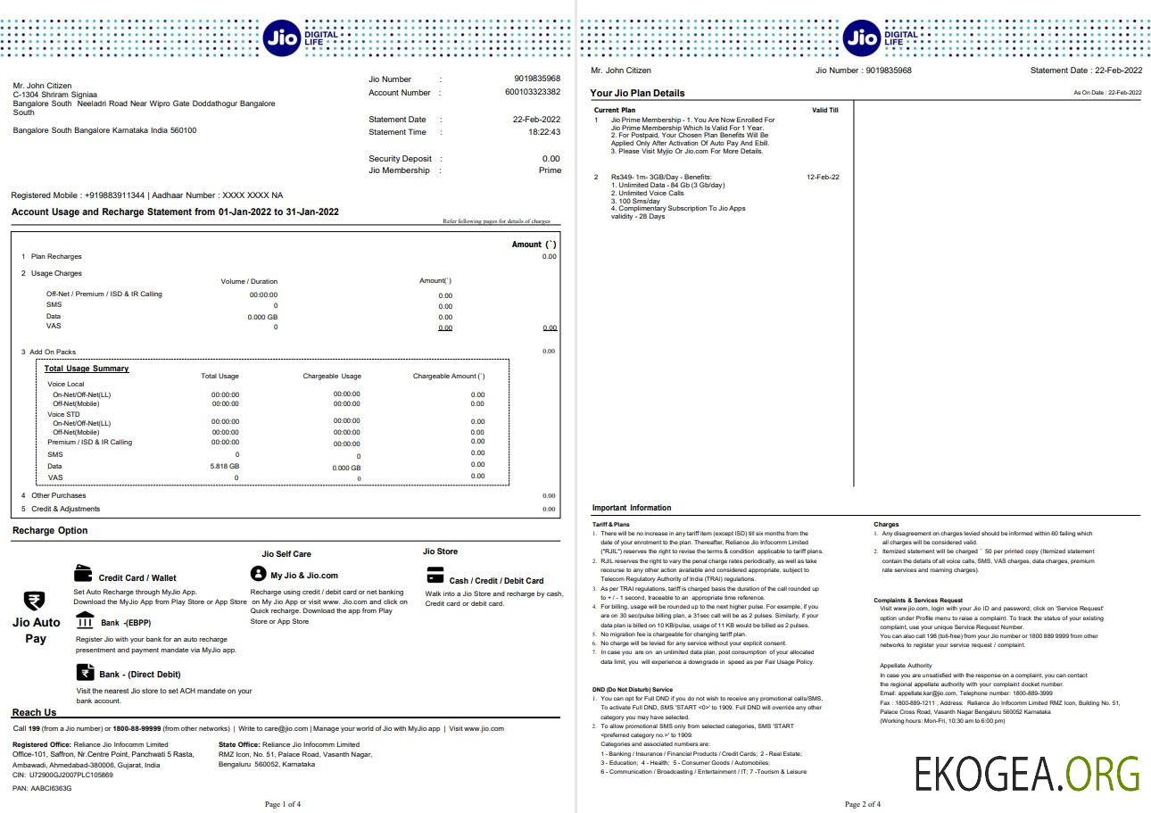 Relevé bancaire Inde Jio 4 pages